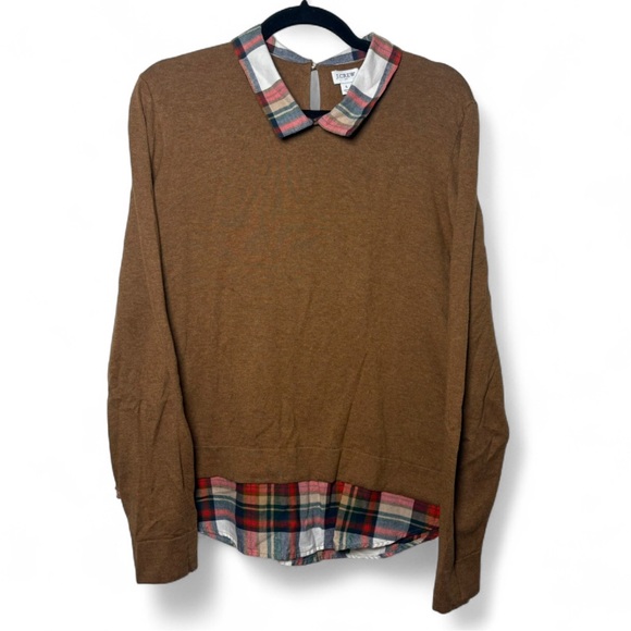 J. Crew Brown Plaid Layered Cotton Blouse Sweater Top Size Large - Picture 1 of 8